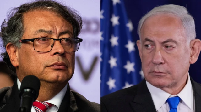 Dos hombres en retratos separados, a la izquierda Gustavo Petro, presidente de Colombia con cabello oscuro y gafas, y a la derecha Benjamín Netanyahu, primer ministro de Israel con cabello canoso, ambos mirando en direcciones opuestas.